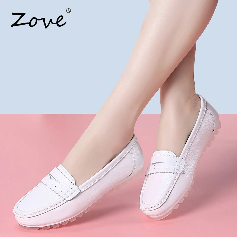 

ZOVE Wome Flat Shoe 2019 Autumn Slip on Leather Nurse Nursing Shoes Woman Work Loafers Ladies chaussures Women White Flats Shoes