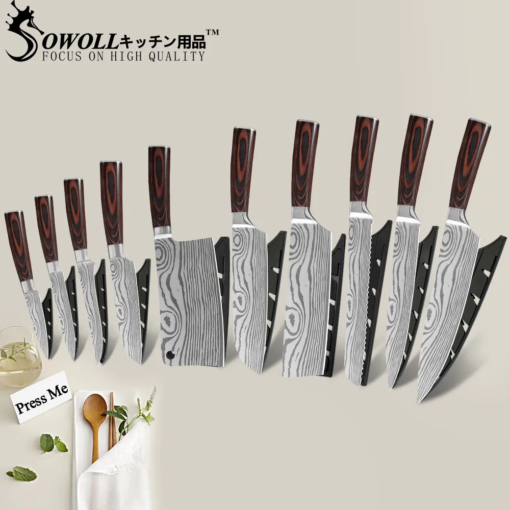 SOWOLL Damascus Veins Knife 7cr17 Stainless Steel Value Cutlery Knives Set Covers Vegetables Meat Sushi Fish Cake Tools | Дом и сад