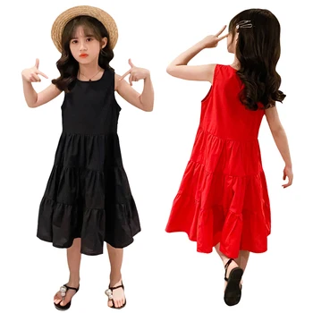 

simple chinese style long dress age for 4 - 16 yrs teenage girls black loose cotton beach dress 2020 new summer red kids frocks