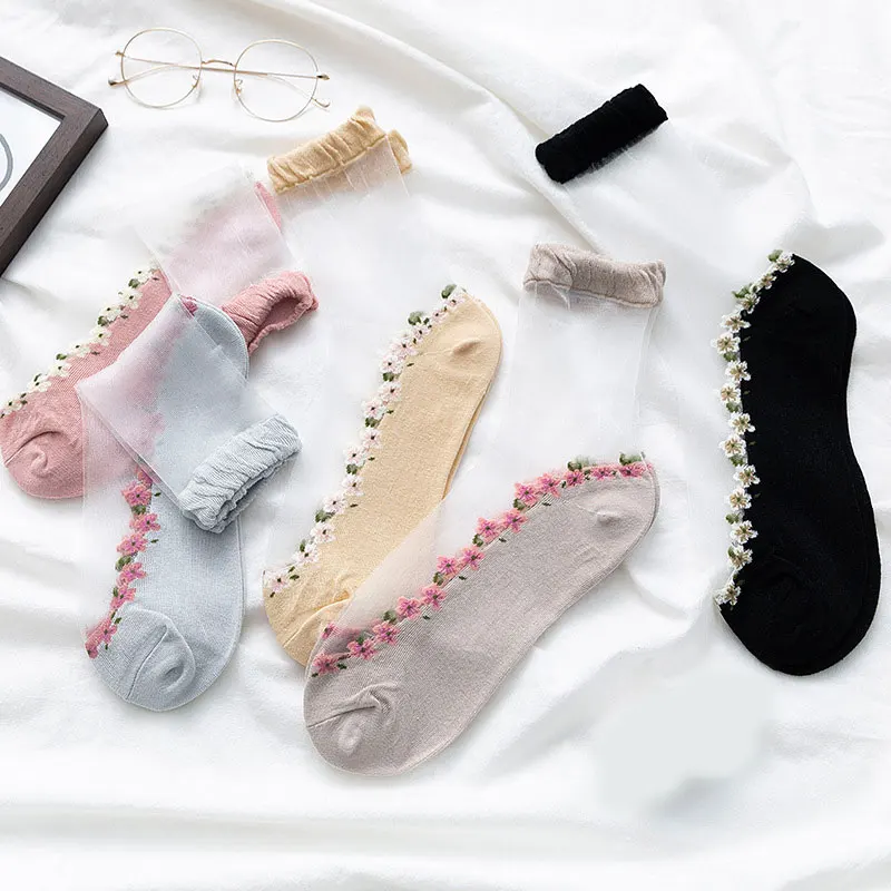 

2020 Sweet Fashion 1 Pair Mesh Flowers Summer Super Thin Comfortable Women Anti Skid Lace Socks Breathable Female Socks New