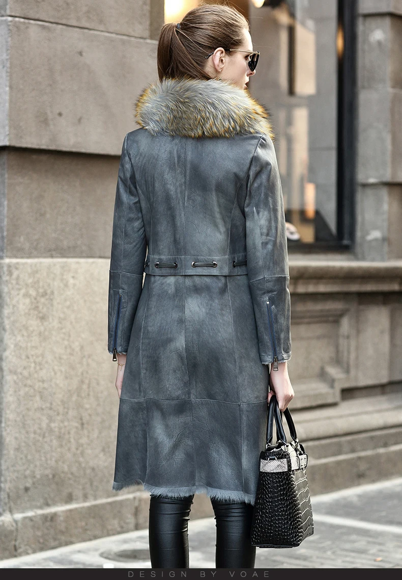 Зимняя куртка из натуральной кожи женская одежда винтажная шуба из овечьей кожи с воротником из меха енота 4014