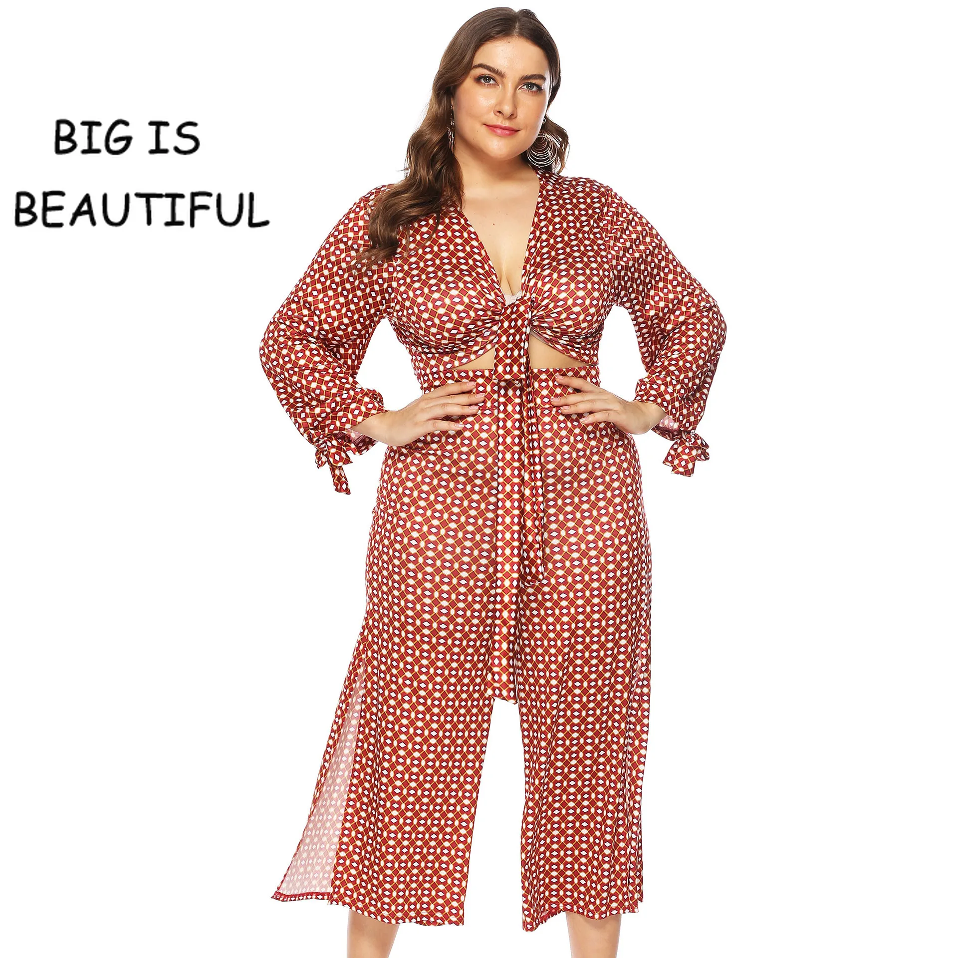 

Women Plus Size V-Neck Knot Front Crop Top and Pants Set Women Long Sleeve Casual Two Piece Set Female Print High Waist Pants