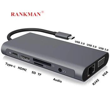 

Rankman Type-C to RJ45 Gigabit Lan Ethernet HDMI VGA Adapter SD TF Card Reader USB-C USB 3.0 Audio for MacBook Samsung Huawei TV