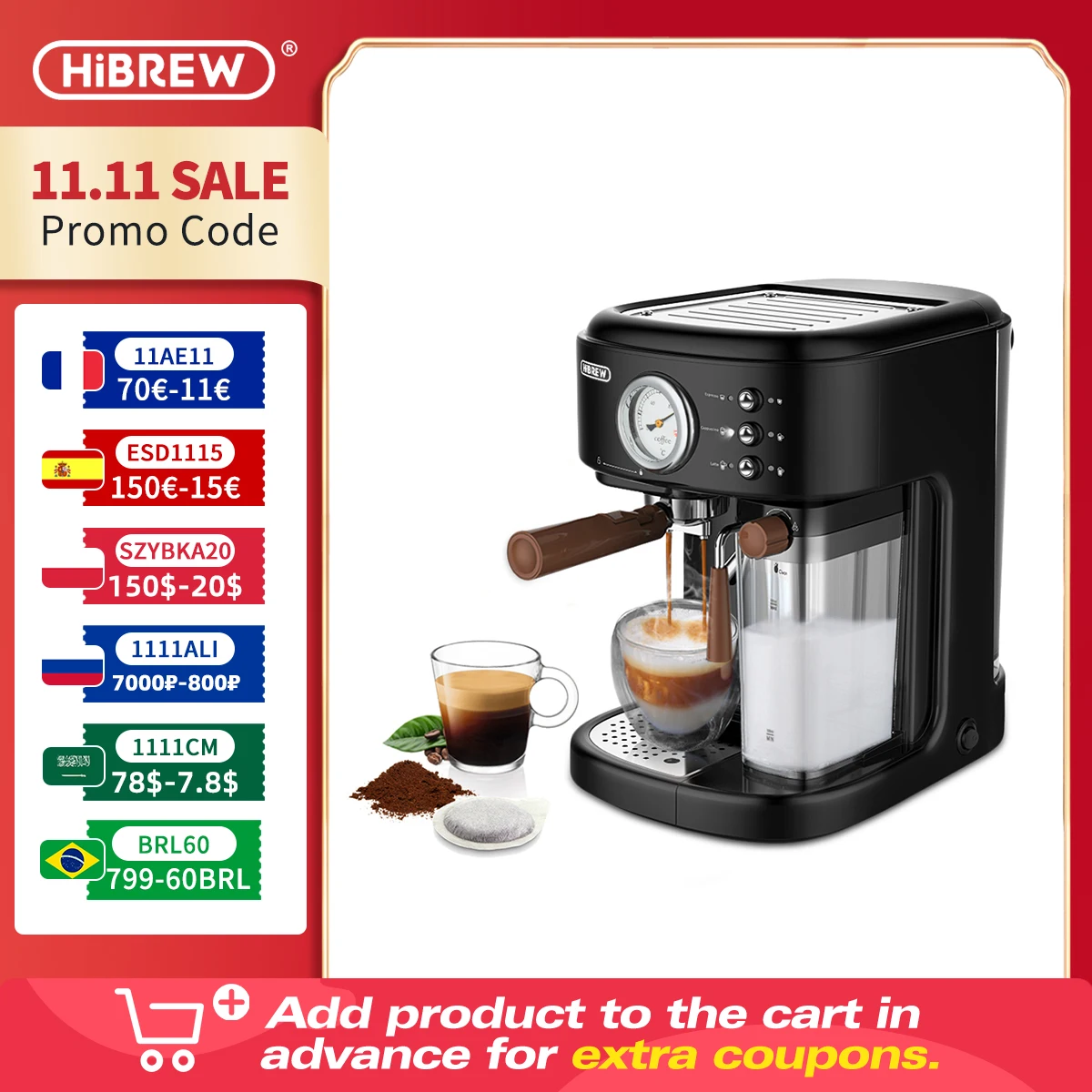 HiBREW Fully Automatic Espresso Cappuccino Latte 19Bar 3 in 1 Coffee Machine Automatic hot milk froth  ESE pod&Ground Coffee H8A