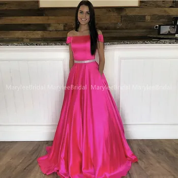 

Fuchsia Pink Prom Dresses With Pockets Off Shoulder Formal Party Gowns A-line Satin Glitter Sash Evening Occasion Dresses