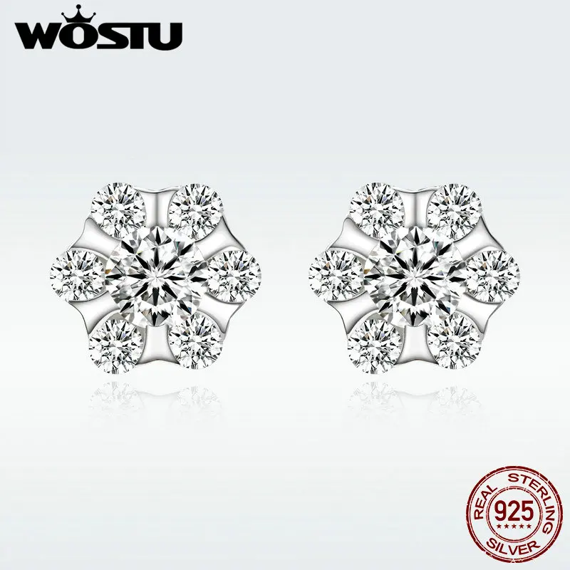 

WOSTU Real 100% 925 Sterling Silver Stud Earrings Flower Sparkling Zircon Small Earrings For Women Wedding Silver Jewelry BNE245