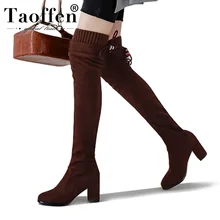 Taoffen/Женские Сапоги выше колена; брендовая плюшевая теплая зимняя обувь; женские сапоги на высоком каблуке; эластичная трикотажная обувь; размеры 32-43