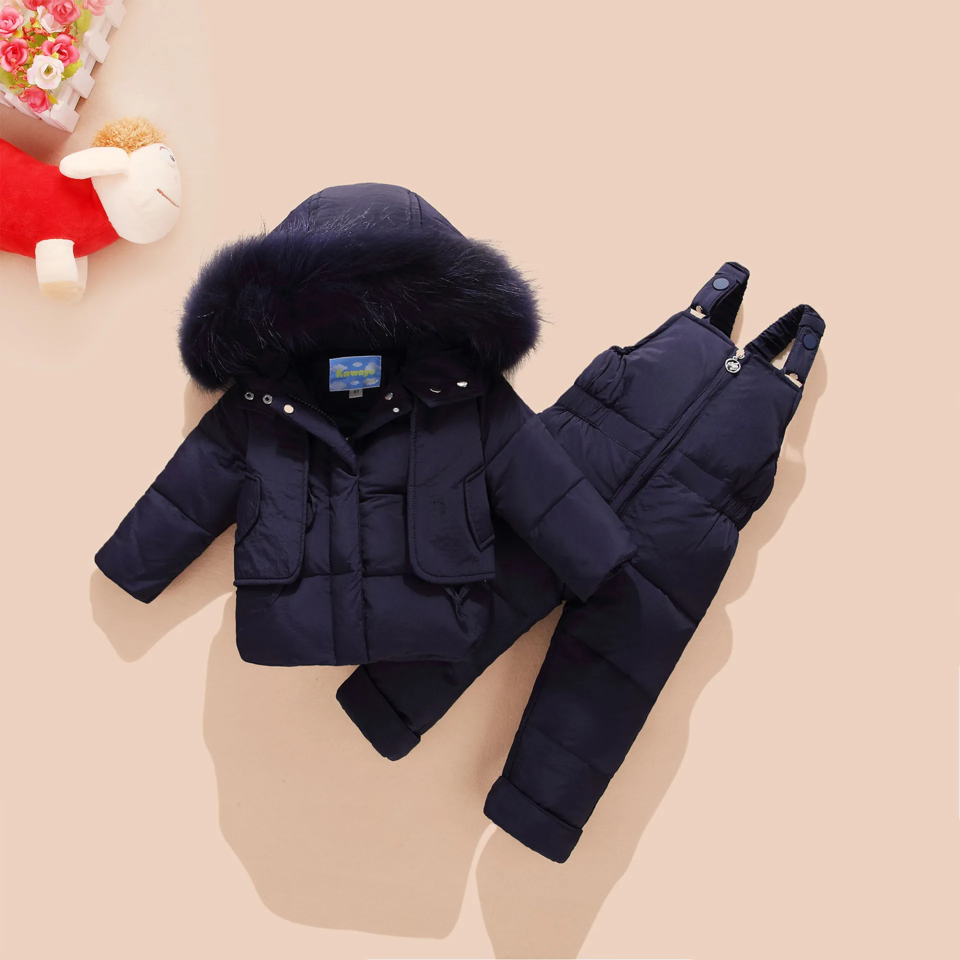 30 градусов в России, зимние комплекты одежды для детей, куртки-пуховики для малышей Детская куртка с капюшоном+ комбинезон для малышей, детский зимний комбинезон - Цвет: Синий