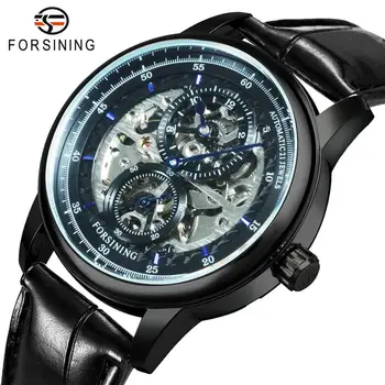

FORSINING Military Black Watch Men Top Luxury Automatic Mechanical Wristwatch Skeleton Male Clock Leather Strap relogio hombre