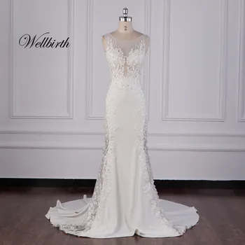 

100% real picture Wellbirth Vestido de novia V-neckline Mermaid Wedding dress Cap Sleeve Bridal gown jc039