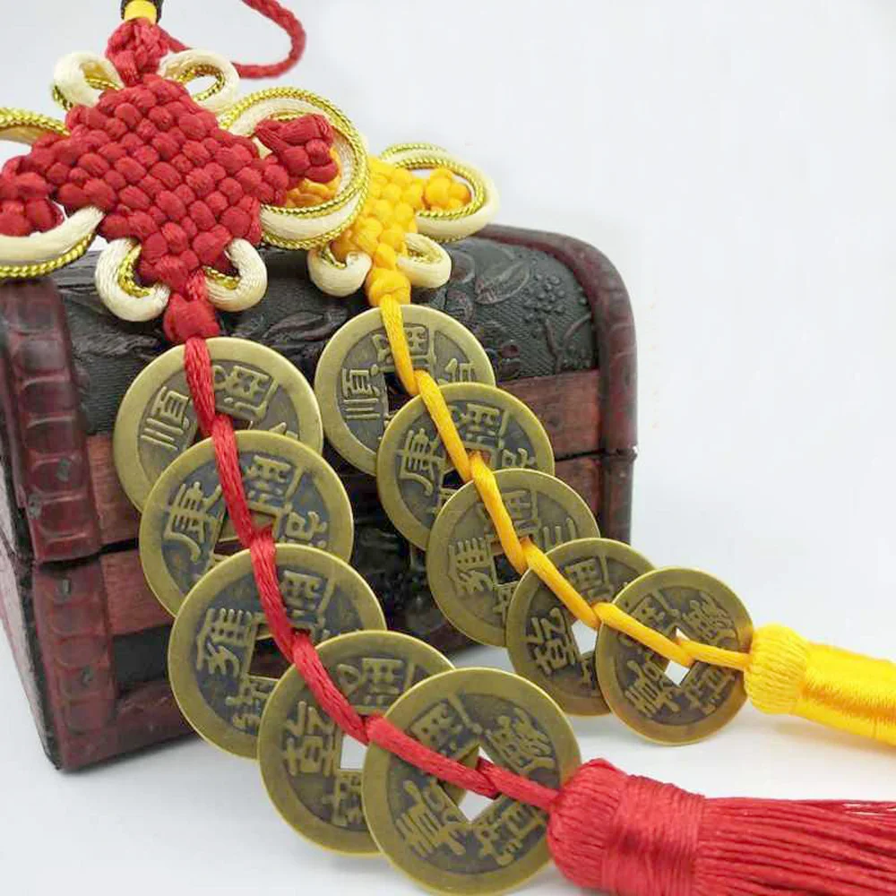 

2pcs Five Emperor Money coins pendants with Chinese Knot pur Copper Coins Keychain