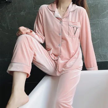 

Gold Velvet Pajamas participants in the Spring And Autumn Princess Style Long Sleeve Lace Home Service Two - Piece Suit