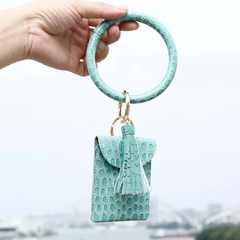

PU Leather Credit Card Holder Tassel O Circle Keyrings Bracelets Women Leopard ID Wallet Gold Keychain