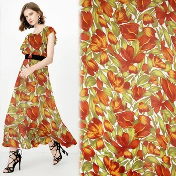

Orange floral print pure silk chiffon silk fabric natural silk fabric for dress,SCF162