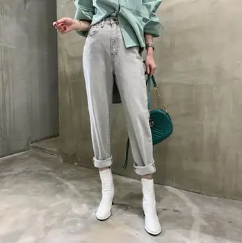 

Light Grey vintage denim pants 2020 spring High Waist Slim Wild New Streetwear Woman Casual Straight Pants jeans r871