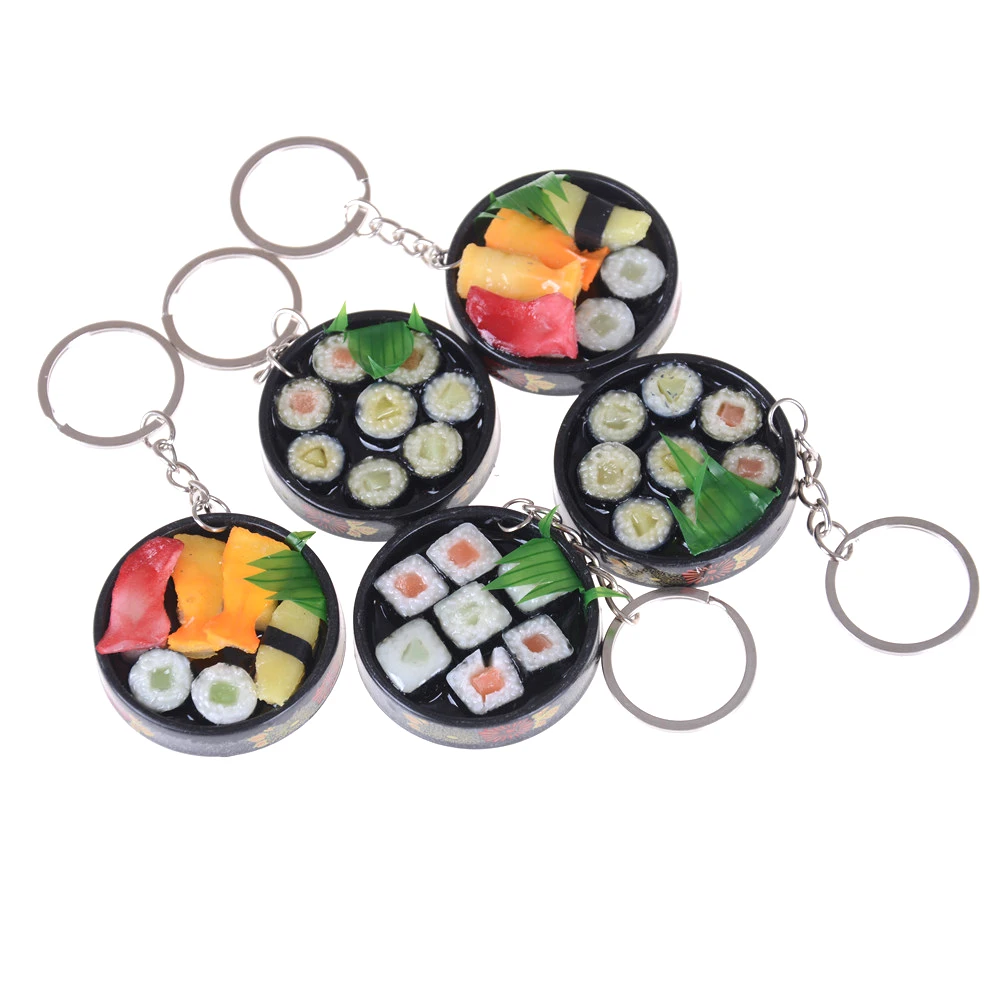Unisex Fashion Key Chain Plastic Food Toys Simulation sushi plate model key ring Box Gift