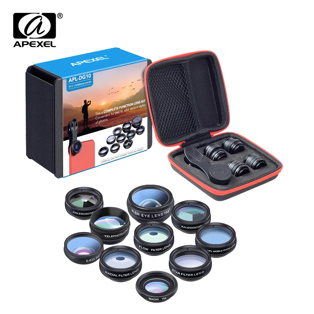 

APEXEL Universal Phone Lens Kit 10 in 1 Fisheye Wide Angle Macro Len CPL Filter Kaleidoscope+2X telescope Len For iPhone Samsung