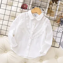 Детская кружевная рубашка; весна г.; белая рубашка с длинными рукавами для девочек