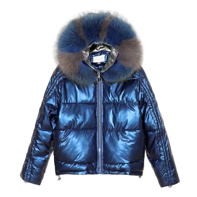 blue Huapate, натуральный Лисий мех, воротник, женская зимняя куртка, женский свободный короткий пуховик, белый утиный пух, куртка, толстый теплый пуховик - Цвет: blue