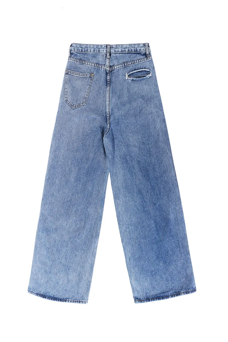 New Fashion Autumn Winter Lace-up Waist Button Zipper Hole Pockets Loose Jeans Denim Trousers Wide Leg Pants Women Q231