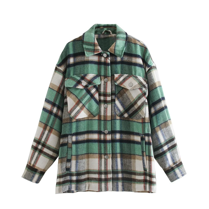 

Women's Green Check Pattern Thick Coat Jacket Loose Long Sleeve Pocket 2020 Ladies Elegant Spring and Autumn Coat