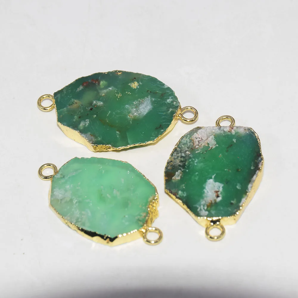 

Gold Bezel Natural Stone Irregular Connector femme 2020 Raw Vintage Green Chrysoprase charm pendant for women jewelry making