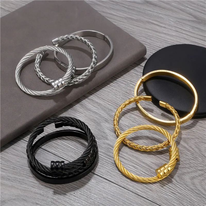 3Pcs/Set Gold Silver Color stainless steel Braided bracelet, Roman numeral dark punk heavy metal bracelet For Men Women Gift bracelet jewelry