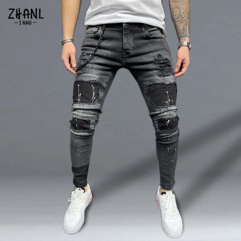 Mens Streetwear Fashion Pants Elastano Skinny Slim Jeans patch pockets ripped jeans for men street broken black denim Trousers lee carpenter jeans