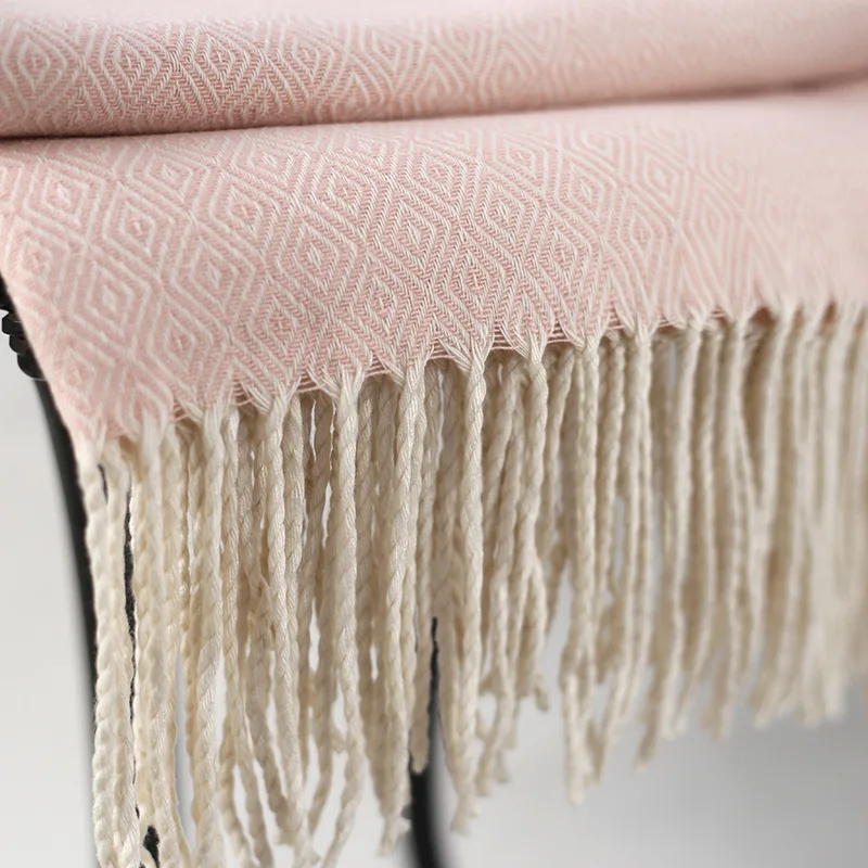 Pink Soft Warm Woven Knit Throw Blanket With Fringe For Sofa Couch Bed Decor