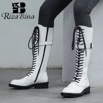 

RizaBina Genuine Leather Round Toe Women Knee High Boots Zipper Winter Warm Long Boots Daily Work Footwear Size 34-39