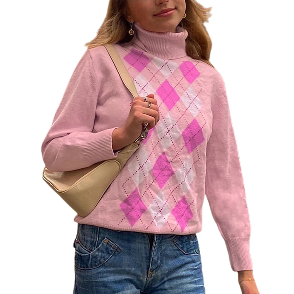 Pullover Knitwear Turtleneck Jumper Womens Knit Pink Sweater Casual Diamond Shirt Warm Sweet Printed High Collar | Женская одежда