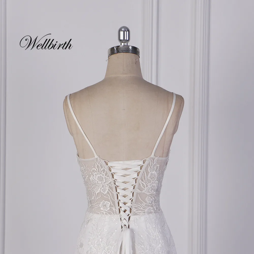 Реальное изображение Wellbirth Vestido de novia v-образным вырезом платье-Русалка на тонких бретельках свадебное платье кружева Спина подвенечное платье js003