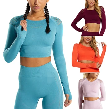 

Wholesale Women Sports Suit Seamless Yoga Set Workout Gym Set Push Up Leggings Long Sleeve Crop Tops X85