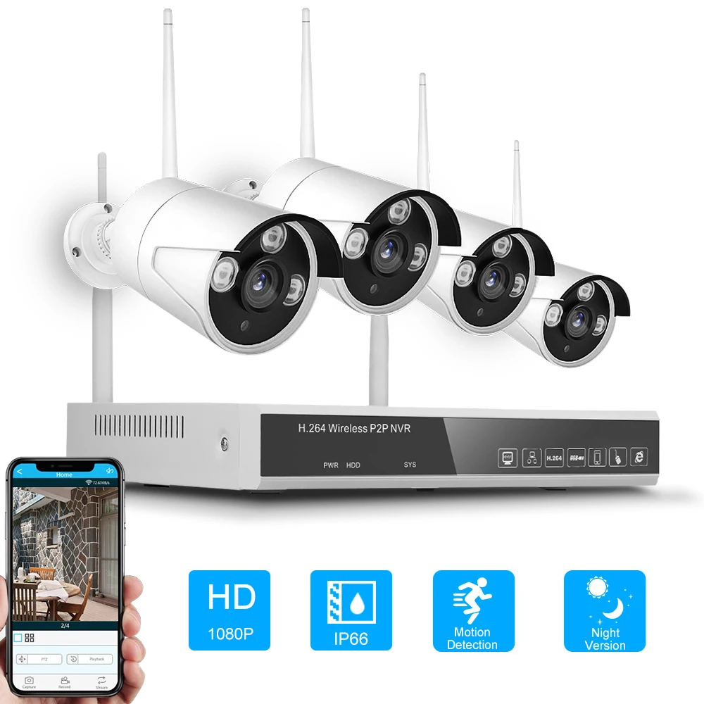 

2.0MP 1080P Wireless NVR Kit Security Surveillance System 4CH NVR 4 Cameras WIFI Home Security Camera Monitor Surveillance Kit