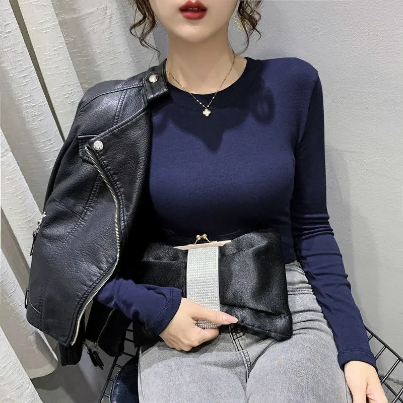 Women Long Sleeve Sexy T-Shirt 2021 Autumn Sexy U Neck Solid Rib Knit Basic Tee Tops Slim Fashion Korean Female Pullover T-shirt chrome hearts t shirt