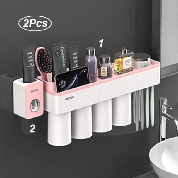 Pink set 4 Магнитная Адсорбция перевернутый держатель зубной щетки макияж моющее средство телефон зубная паста ванная комната хранения настенное крепление ванной набор - Цвет: Pink set 4