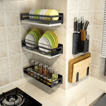 

Free Of Punch Kitchen Shelving Wall Hanging Knife Rack Cutting Board Dishes Seasoning Black Storage Rack