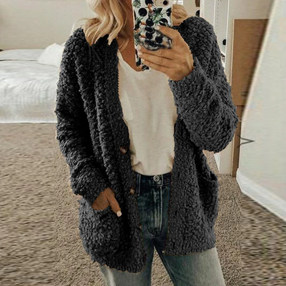 Women Cardigan Sweater 2020 Spring Teddy Coat Long Sleeve Faux Fur Top Female Warm Knitted V Neck Fashion Streetwear D30 |