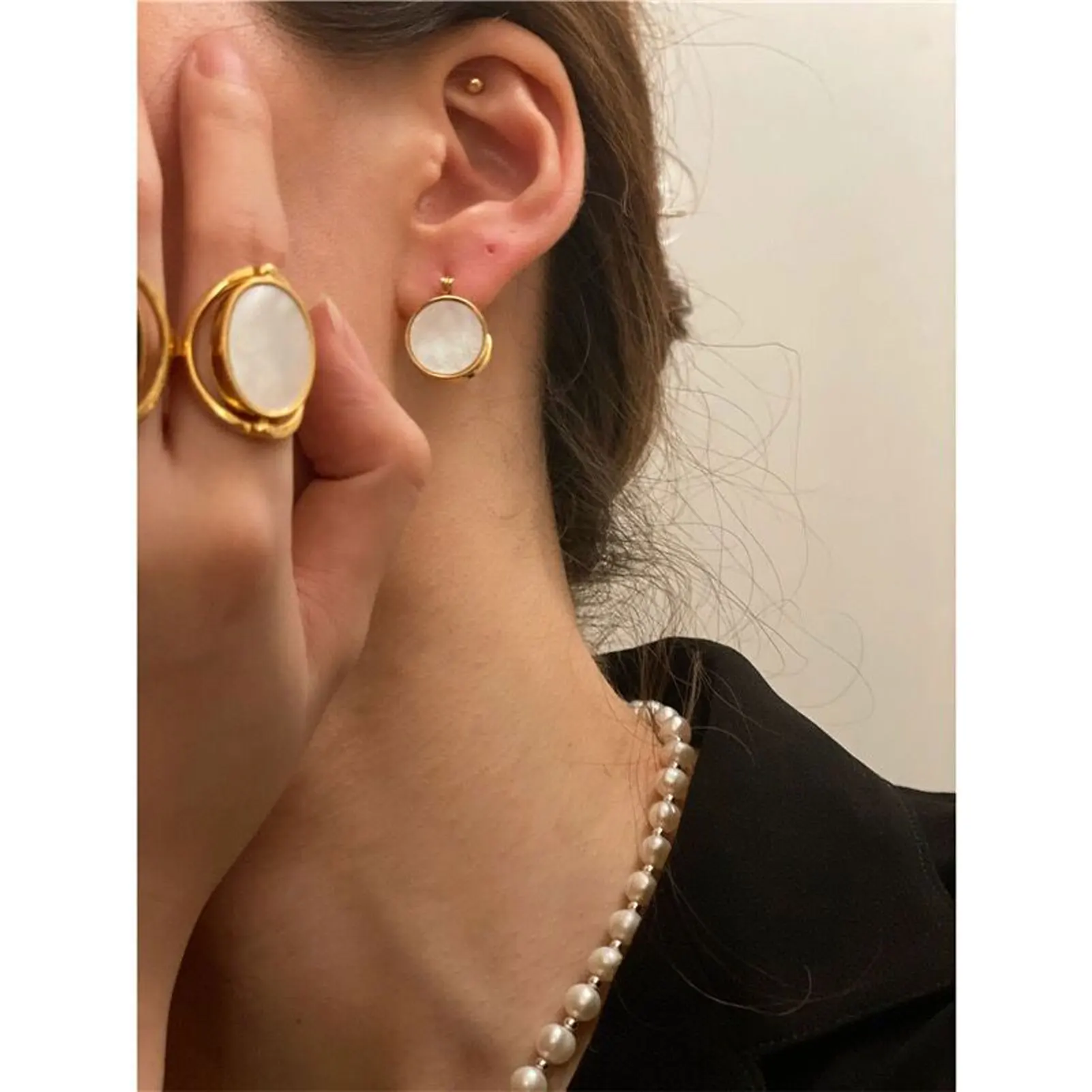 

Small Pearl Hoops Earrings for Women Mother of Pearl Gold Huggie Hoops