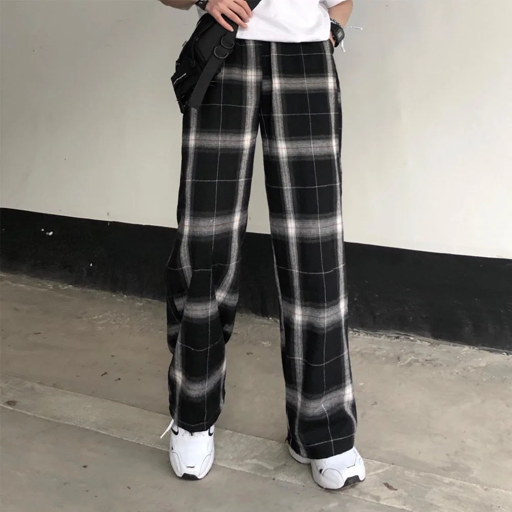 

elastic waist plaid pants women high waist wide leg Pants Casual female korean jogger punk trousers women clothes gothic