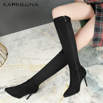 

Karinluna New Large Sizes 46 Thin High Heels Winter Elastic Party Woman Shoes Knee High Boots