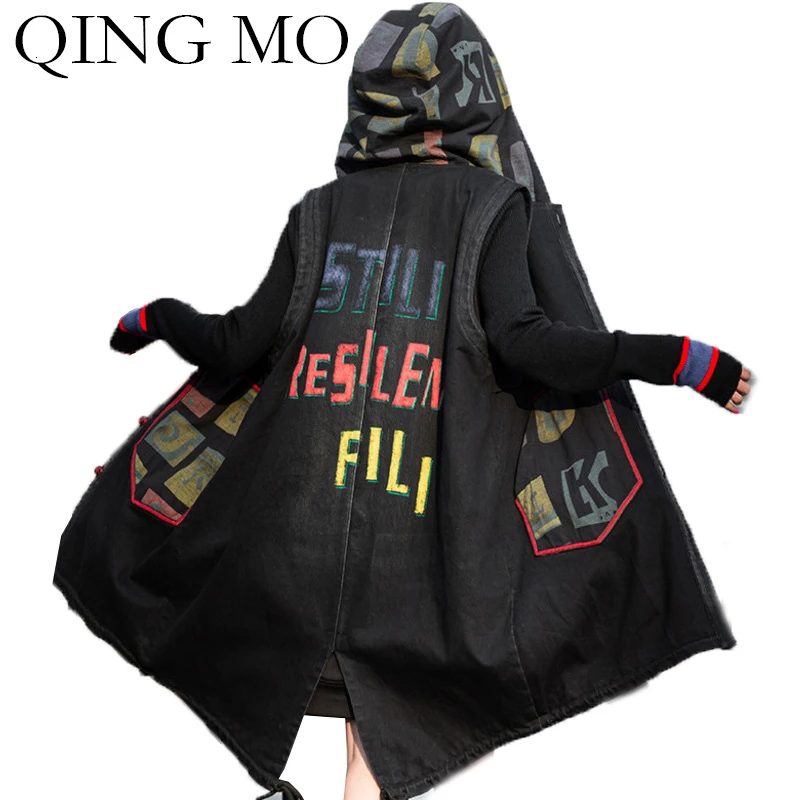 QING MO модное Брендовое Черное Женское пальто с капюшоном Осень Зима Женское джинсовое пальто без рукавов женское пальто с буквенным принтом ZQY2119
