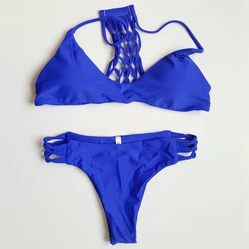 

Hand-made Knitted Bikini Net Yarn Swimsuit Royal Blue Bikini Set Sexy Female Bathing Swimwear Women Beach Swimsuit
