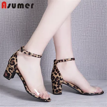 

ASUMER 2020 newest women sandals buckle square high heel casual shoes leopard simple fashion summer sandals woman big size 44