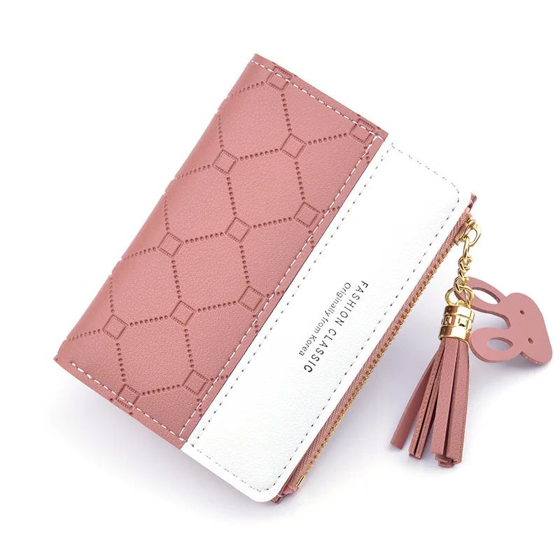 

New small wallet ladies short zipper wallet student Korean embossed hit color tassel wild coin purse card holder