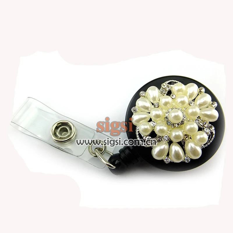 100pcs Fancy Rhinestone Retractable Pearl id Badge Holder reel for