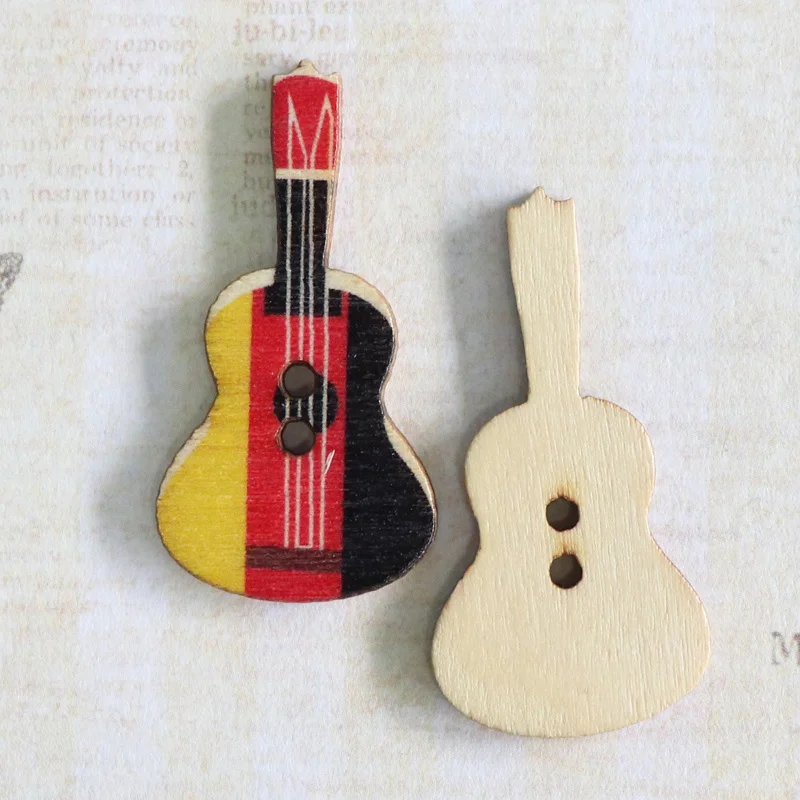 Mixed 100 PCS Guitar Flag Wooden Button for Scrapbooking crafts 2 Hole Sewing Natural Wood Buttons DIY Clothes Accessories