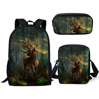 

2020 3PCs Set Kids School Backpacks Fantasy Arts Deer Painting School Bags Kawaii Animal Students Backpack/Flaps Bag/Pen Bags