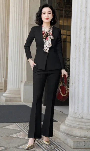 Black coat and pants Профессиональный женский костюм с юбкой, черный, белый, Осень-зима, модный блейзер с длинным рукавом и юбка, Офисная Женская одежда для работы - Цвет: Black coat and pants