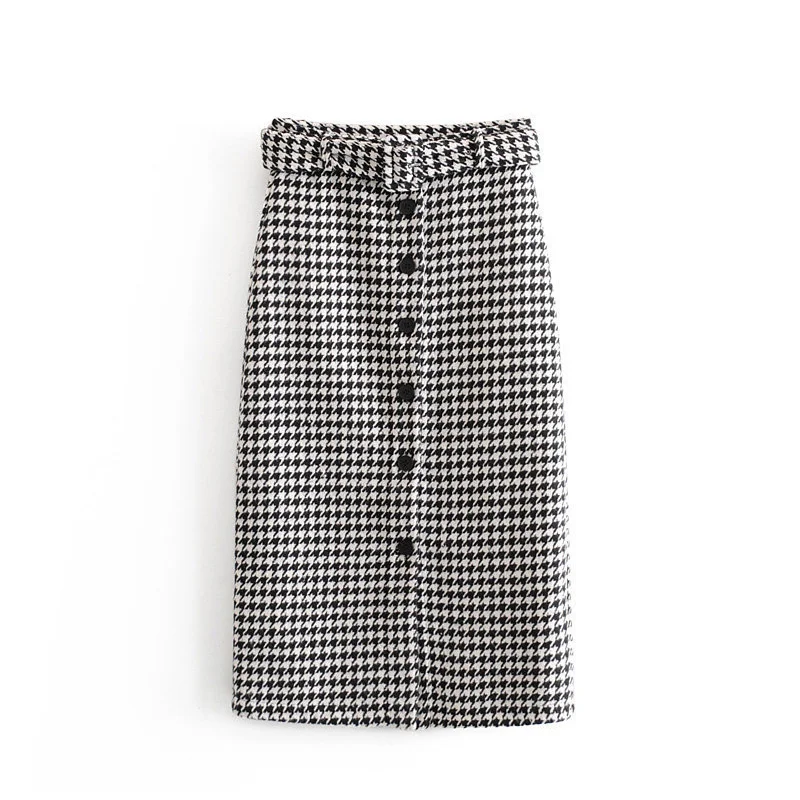 

Zoulv Women Skirts Vintage Elegant Tweed Houndstooth Midi Skirt With Belt Fashion Office Ladies Chic Plaid Split Skirt